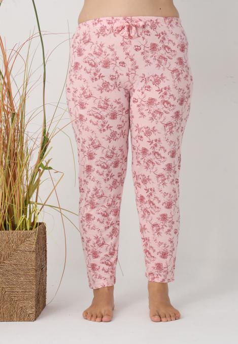 Pantaloni de Pijama Dama Lungi,Big Size,Culoare Roz cu Trandafir Rosu, Engros